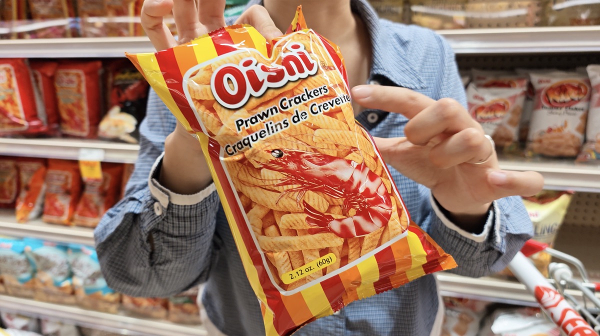 Oishi Prawn Crackers, made in Johor Bahru, Malaysia, held up at Seafood City Chandler