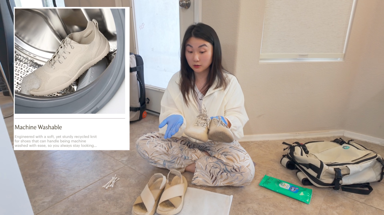 Wiping down the Vivaia Maven sneaker with a cleaning wipe