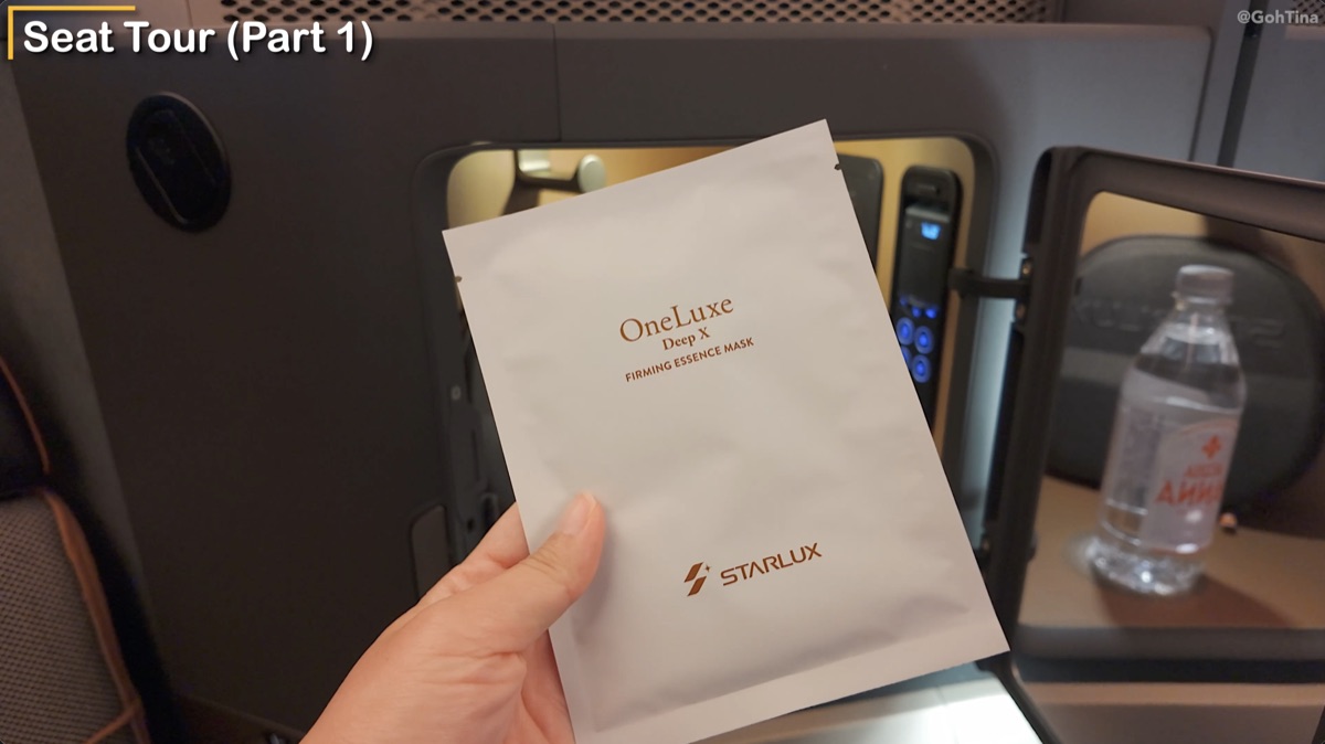 Hydrating face mask worn on the Starlux business class flight
