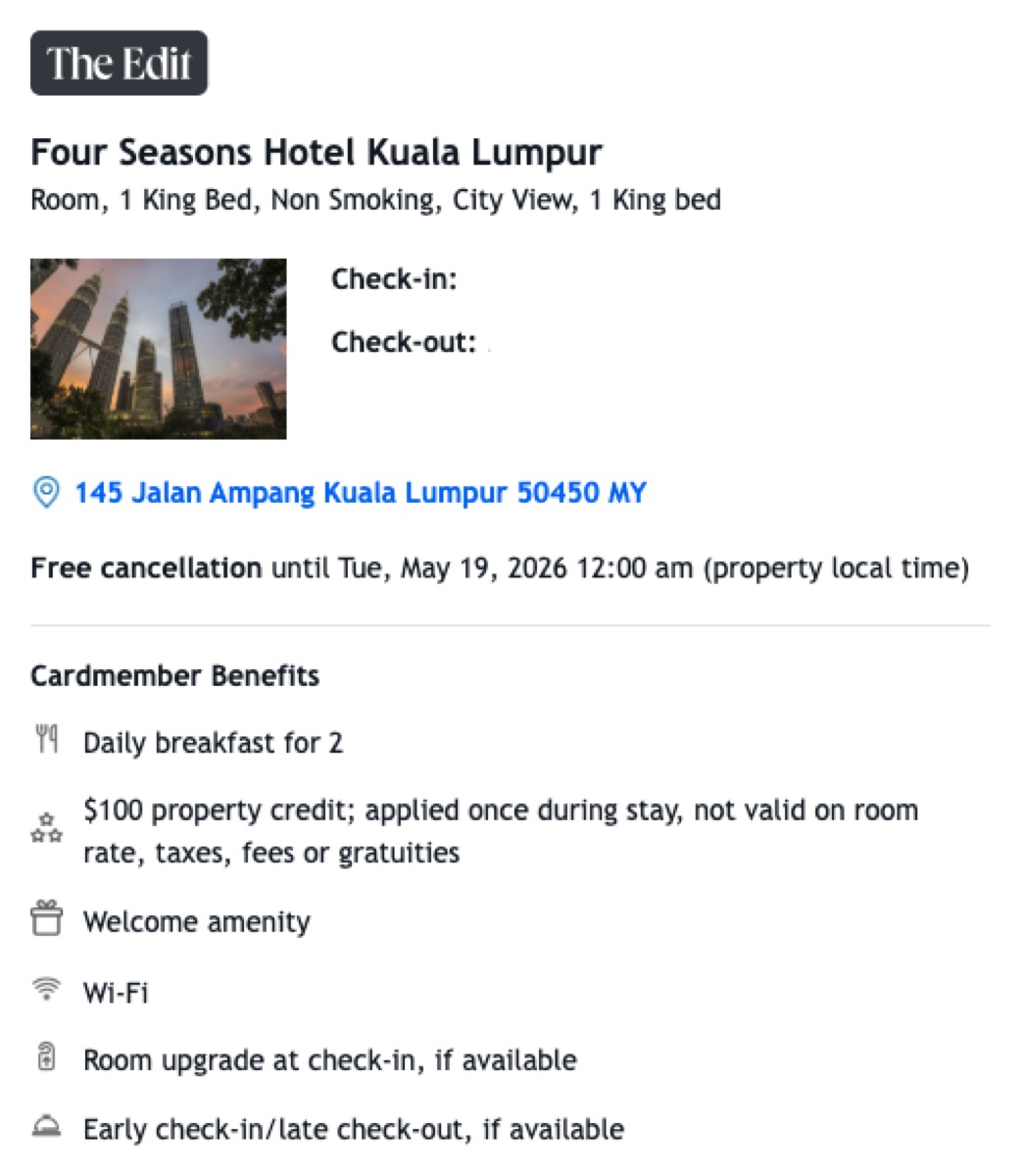 Original City View room booking through The Edit, with cardmember benefits listed