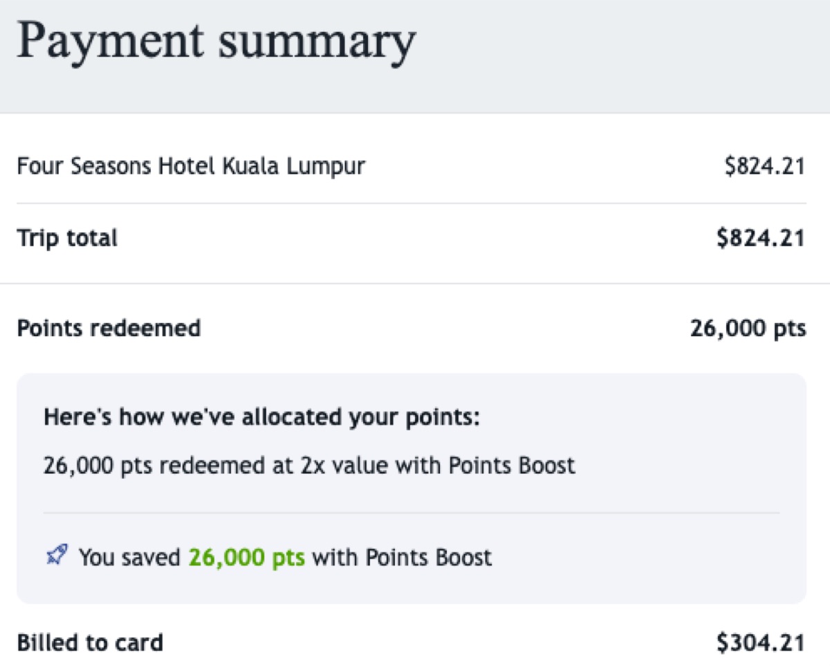 Payment summary showing total cost, points used, and price after points discount