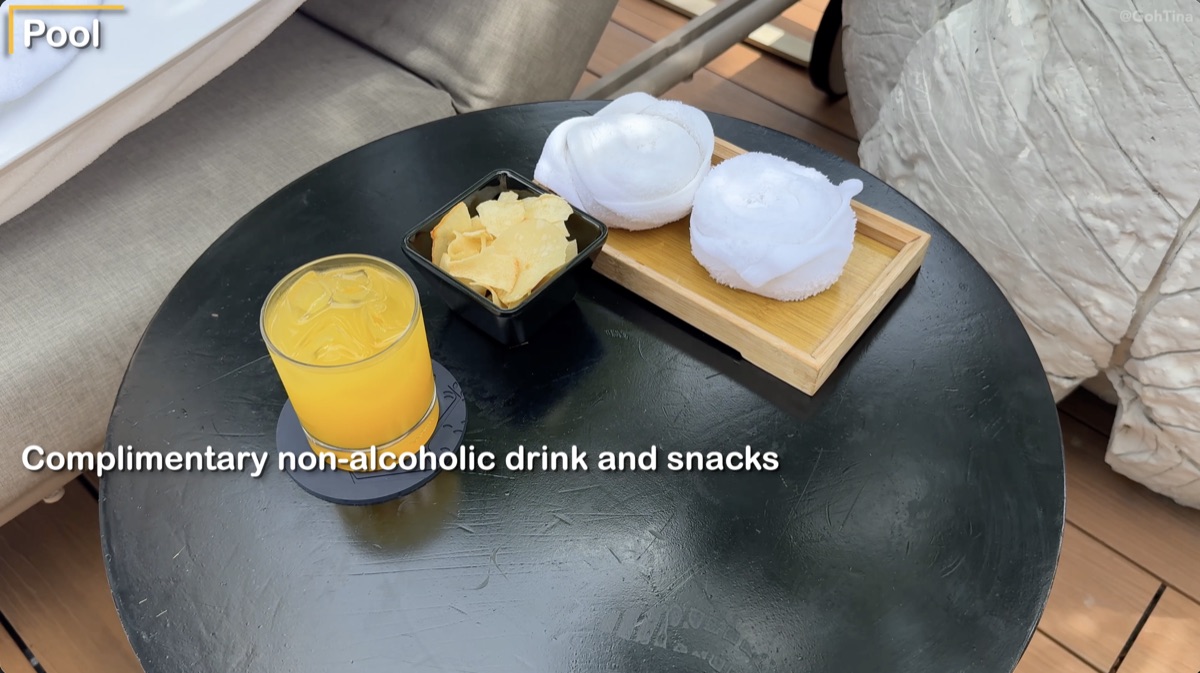 Complimentary drinks, snacks, and towels at the pool