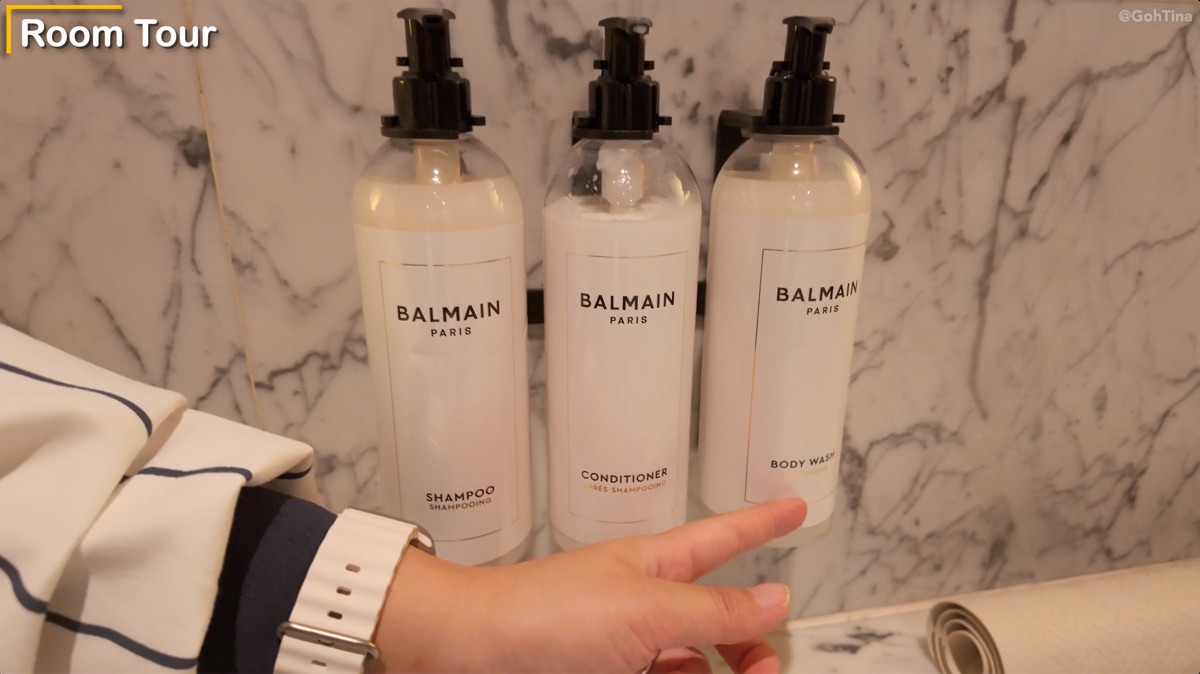 Balmain Paris branded shampoo, conditioner, and body wash at Grand Hyatt Kuala Lumpur