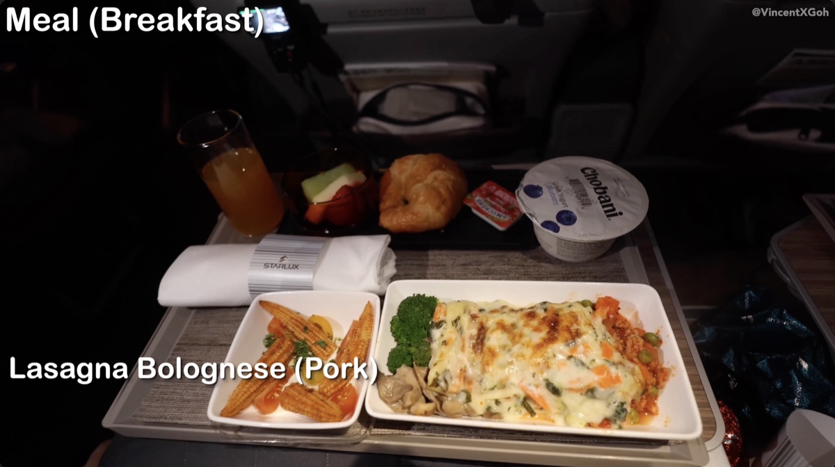 Starlux premium economy pork lasagna Bolognese second meal