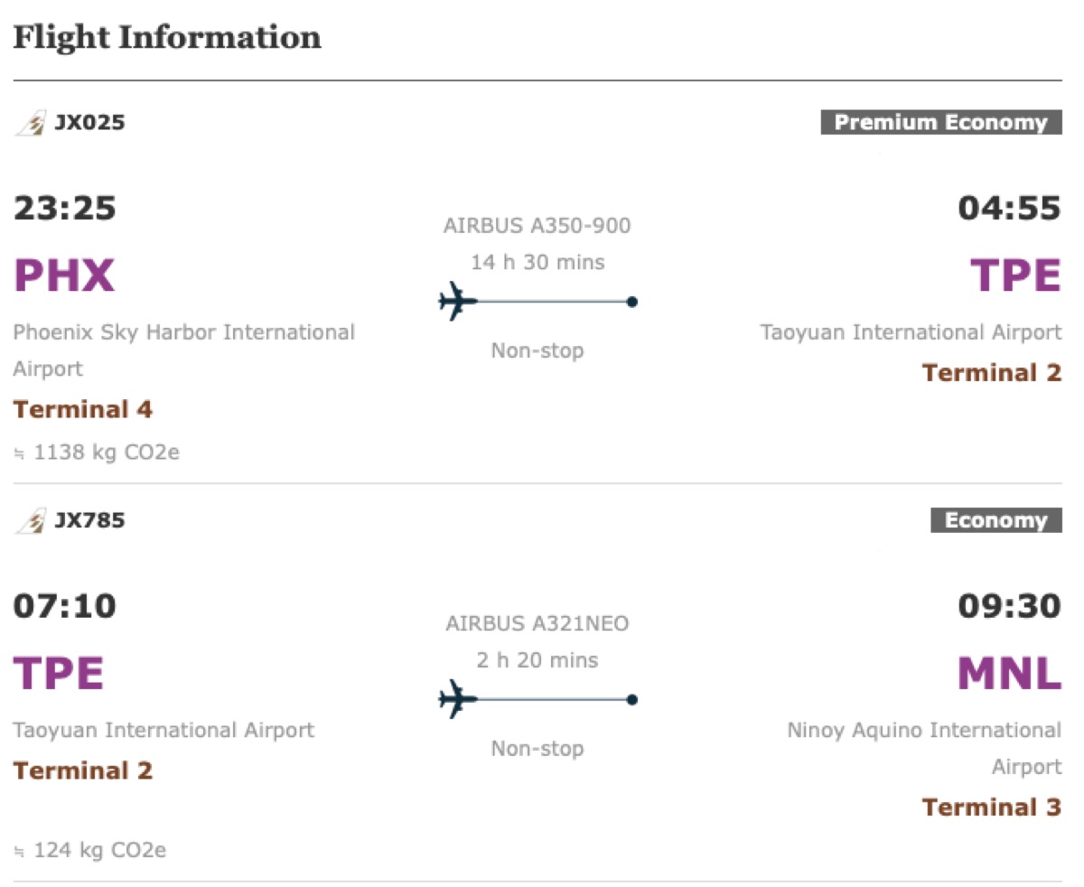Starlux itinerary Phoenix to Taipei to Manila in premium economy