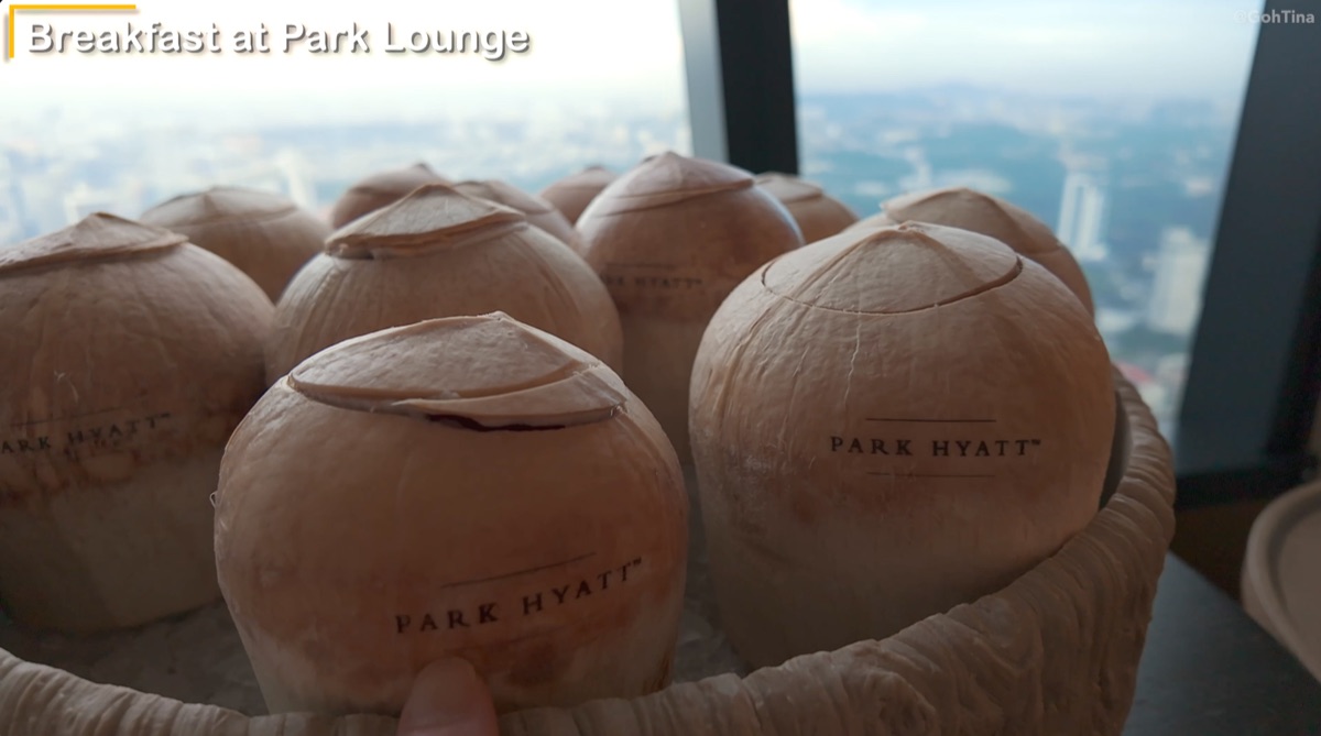 Fresh coconuts at the breakfast buffet