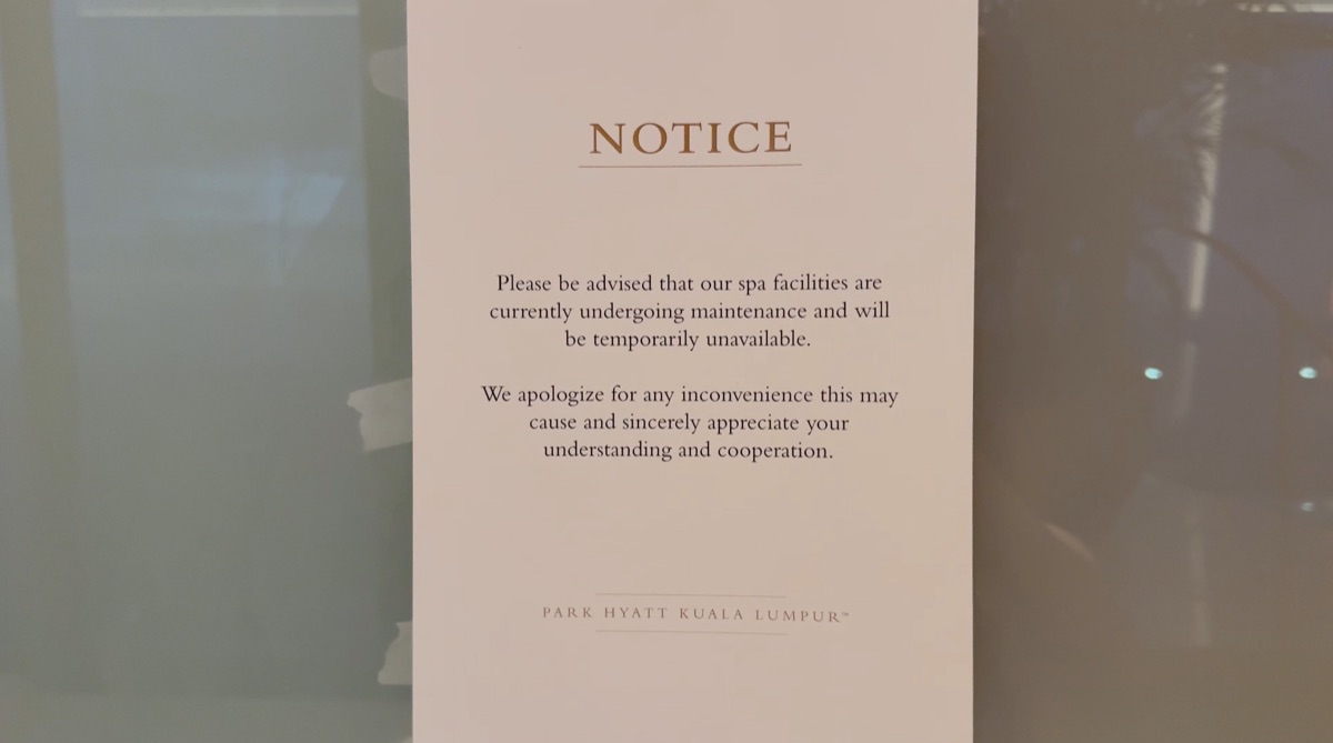 Notice sign confirming the steam sauna was closed for maintenance