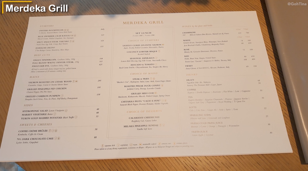Merdeka Grill menu at Park Hyatt Kuala Lumpur
