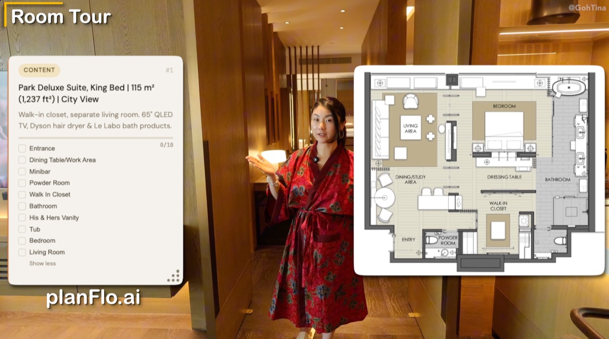 Room overview with planFlo trip notes and the room blueprint overlay