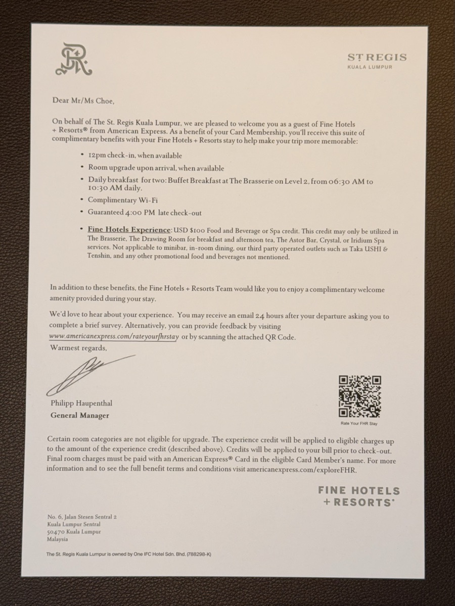 Amex Fine Hotels & Resorts welcome letter with benefits