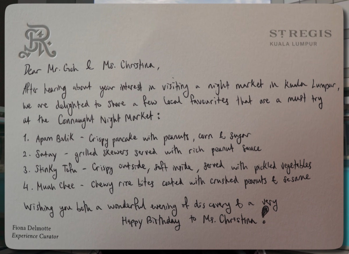 Handwritten card from Fiona the concierge recommending dishes at the Chow Kit Night Market