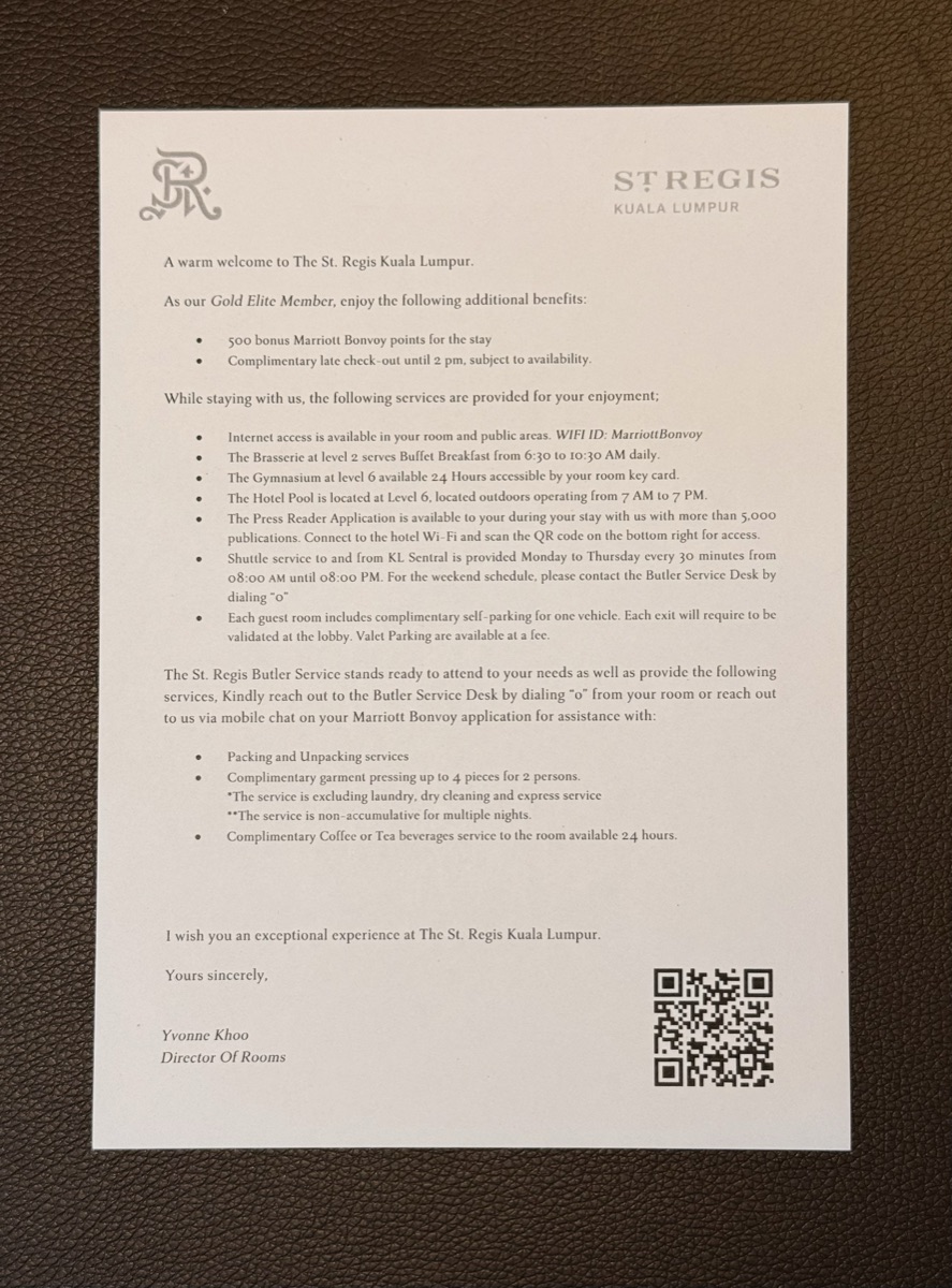 Marriott Bonvoy Gold Elite and butler service benefits letter