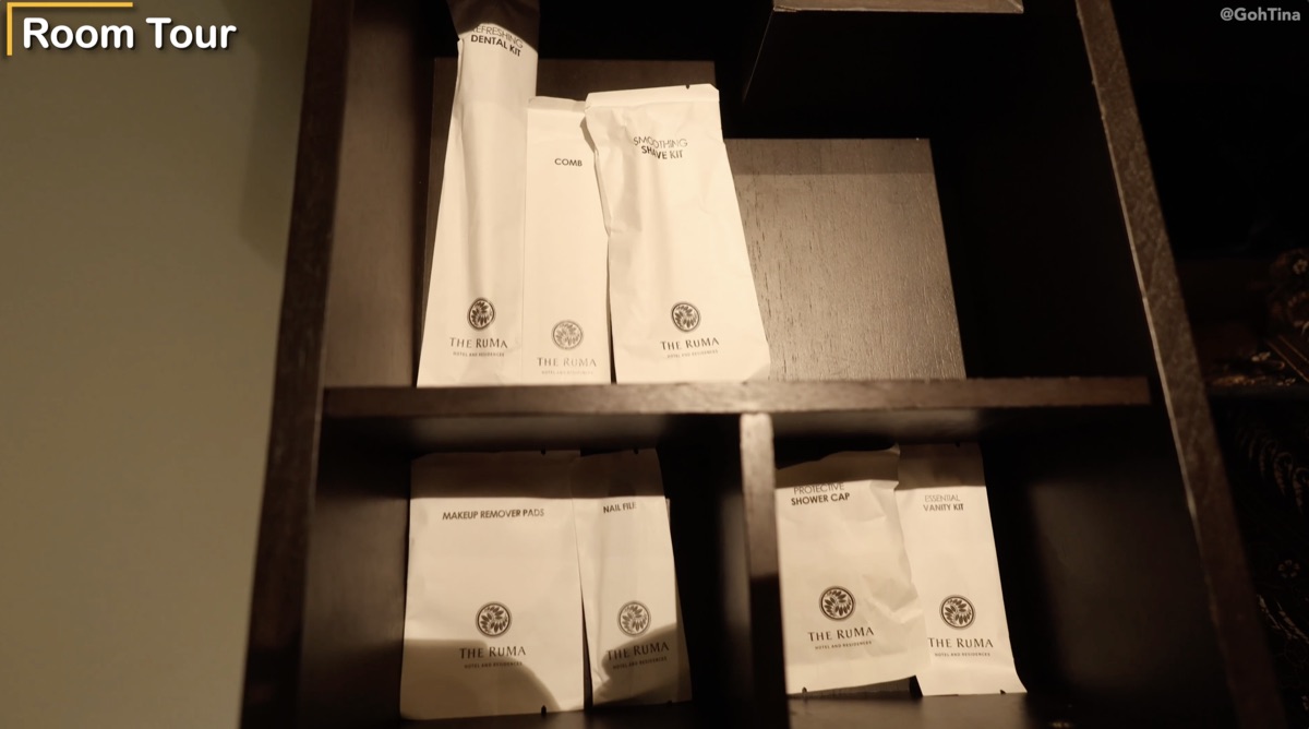 Bathroom amenities including dental kit, comb, and shave kit